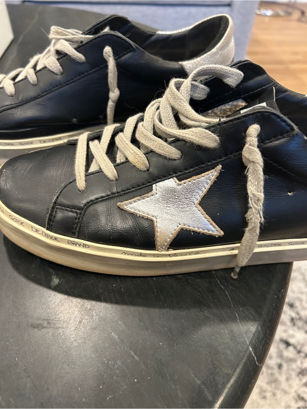 Golden Goose Black Leather Hi Star Sneakers with Silver Star Sz 40 , Sz 10 W - Picture 2 of 4